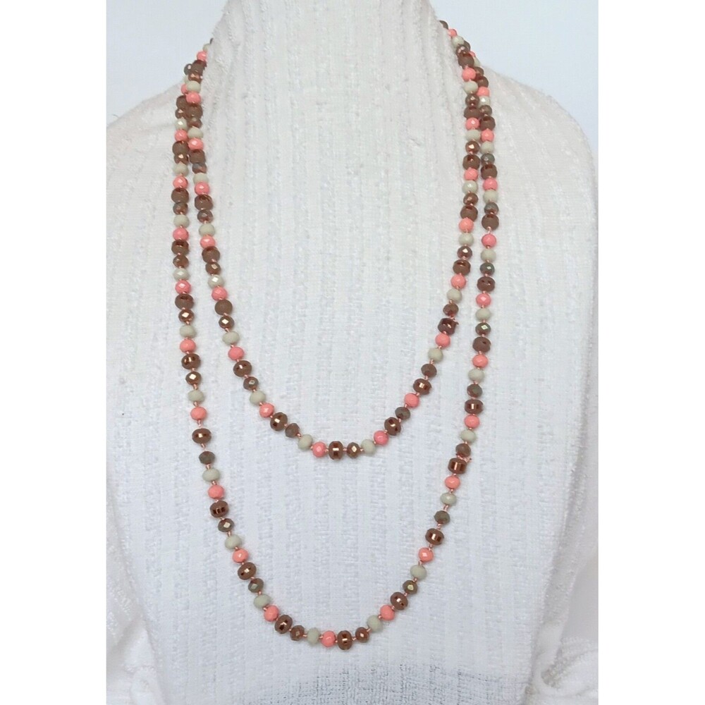 Boutique Tan Pink & Copper Faceted Glass Necklace Hand Knotted 66 in